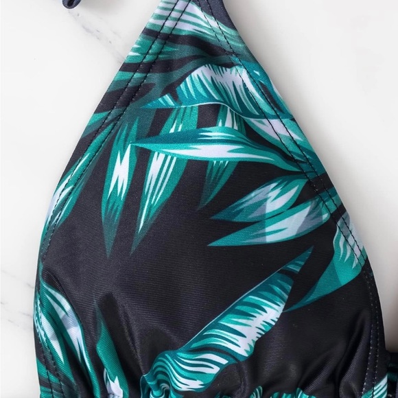 Women's 3 Piece Swimsuit Leaf Print Halter Drawstring Side Bikini Set & Cover Up - Picture 10 of 10